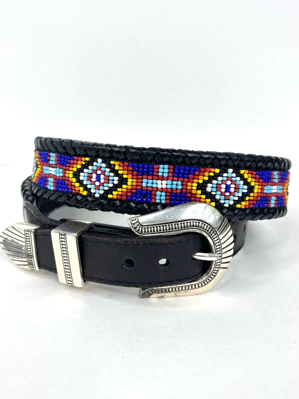Brighton 1991 Beaded Aztec Southwest Black Braided Leather Belt Silver Buckle M